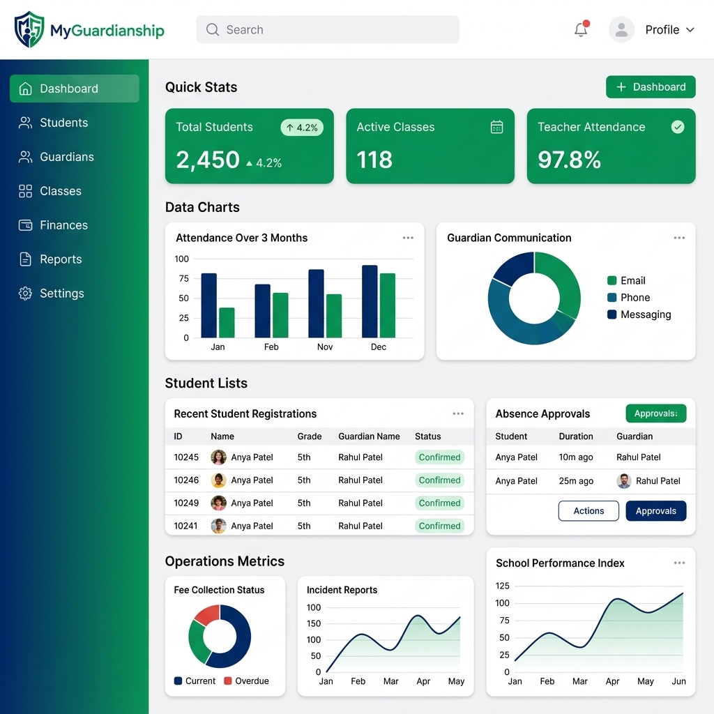 MyGuardianship School Administration Dashboard UI